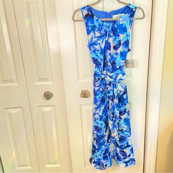 NWT Kasper Floral Self Tie Pleated Neck Formal Midi Dress